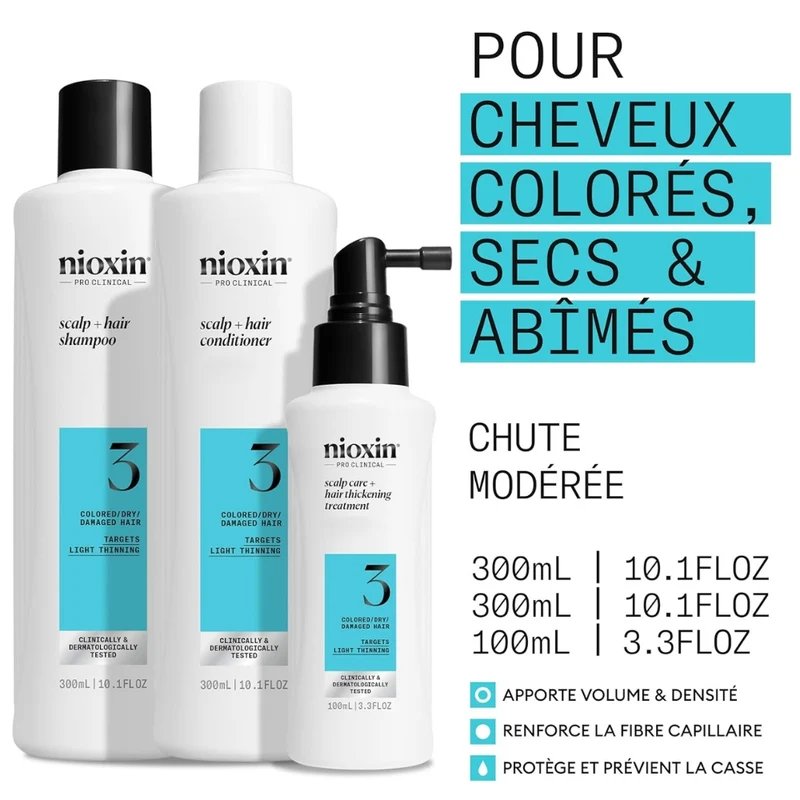 Trio shampoing, revitalisant et traitement pour cheveux et cuir chevelu Système 3 - Pour cheveux colorés avec chute modérée (2x 300ml/10.1oz, 1x 100ml/3.38oz)