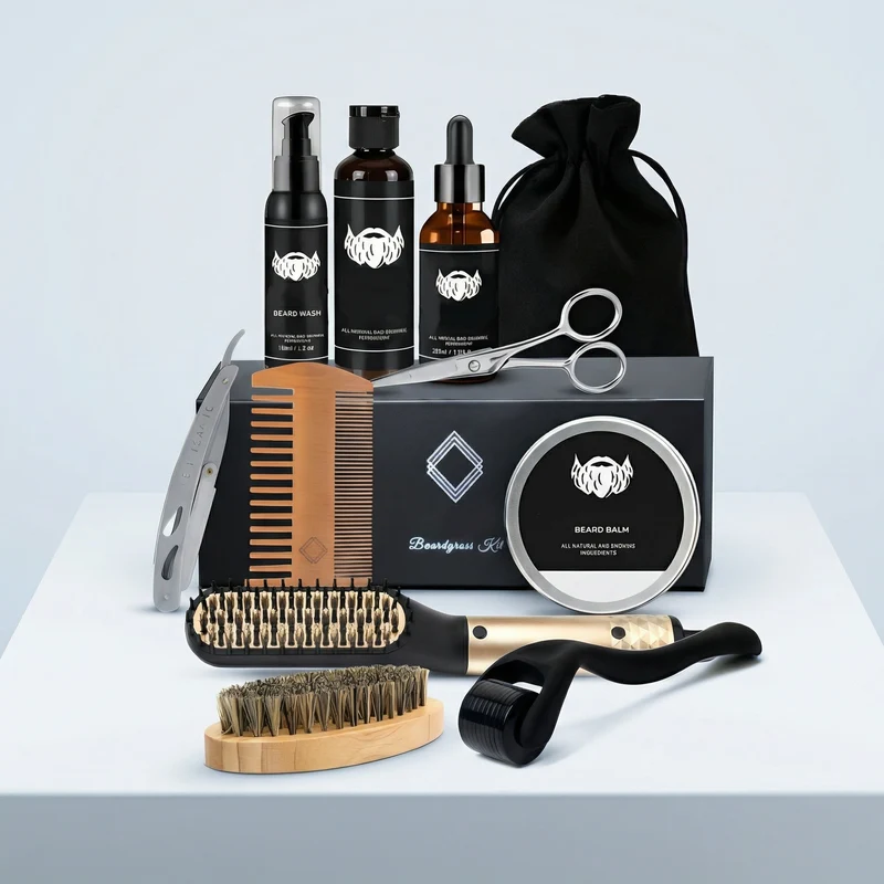 Set per la cura della barba con spazzola, olio e pettine – Set completo per la cura e lo styling