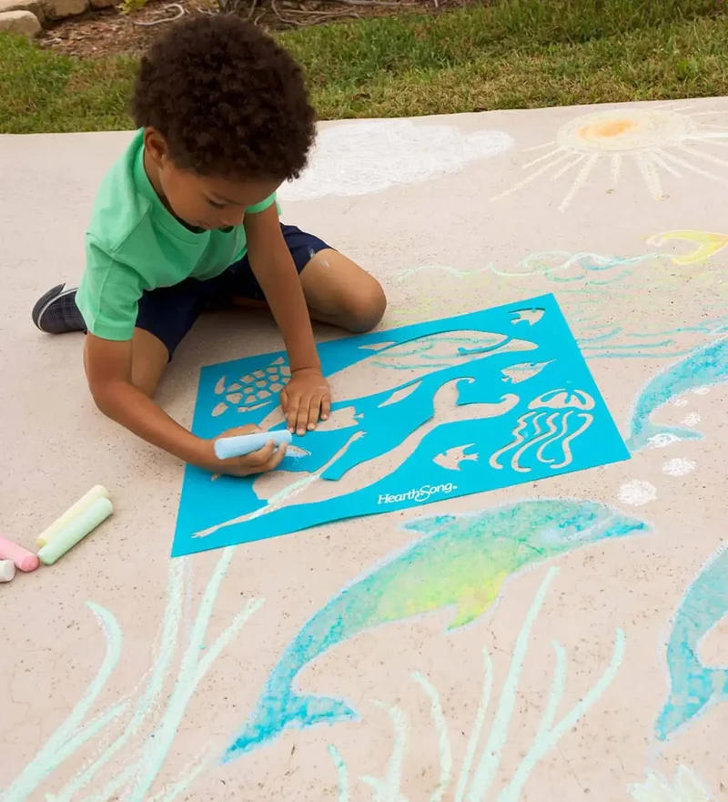 CHALKSCAPES BY HEARTHSONG - Ensemble d'Art à la Craie et Pochoirs pour Trottoir Sous la Mer
