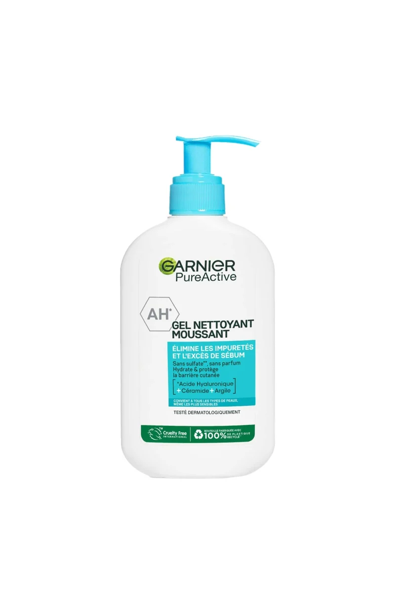 Gel nettoyant moussant - PureActive Argile - Acide hyaluronique, céramide & argile - Visage