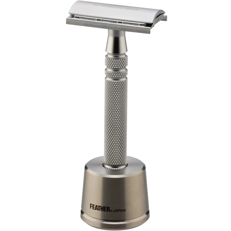 Feather Double Edge Stainless Steel Razor with Stand and 2 Blades Made in Japan