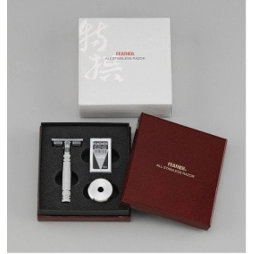 Feather Double Edge Stainless Steel Razor with Stand and 2 Blades Made in Japan