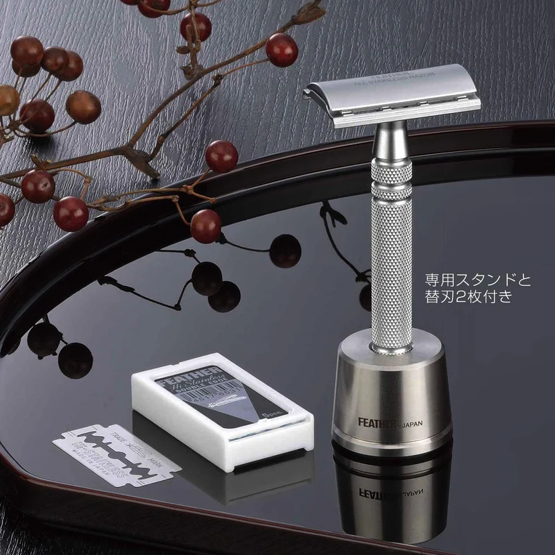 Feather Double Edge Stainless Steel Razor with Stand and 2 Blades Made in Japan