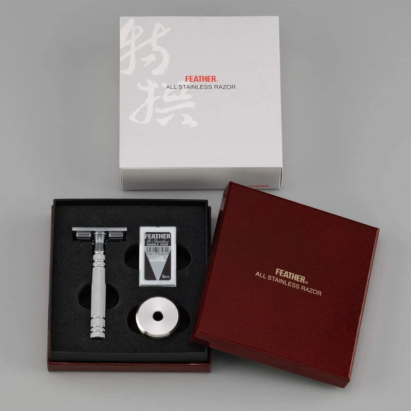 Feather Double Edge Stainless Steel Razor with Stand and 2 Blades Made in Japan