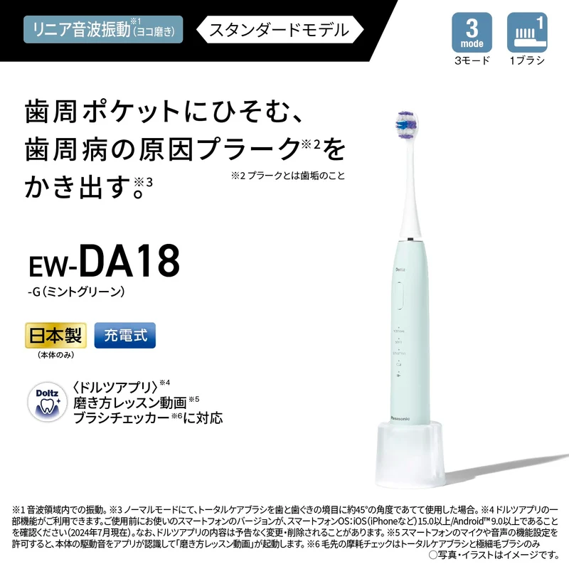 Panasonic Sonic Vibration Electric Toothbrush USB Rechargeable EW-DA18-G Mint Green