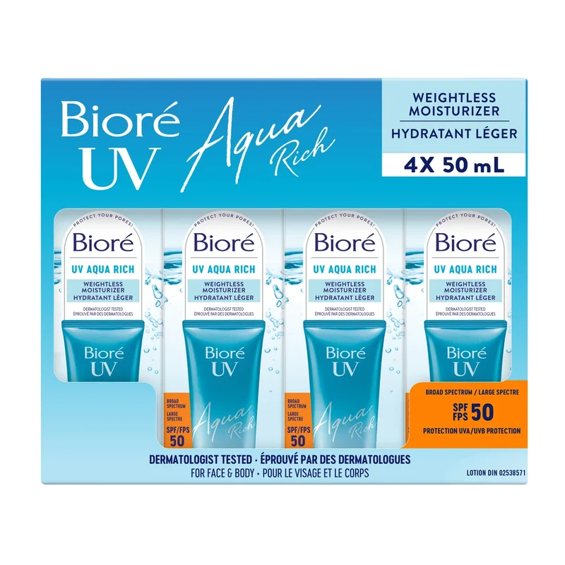 BIORÉ - Paquet de 4 Hydratants Légers avec SPF 50 Aqua Rich UV