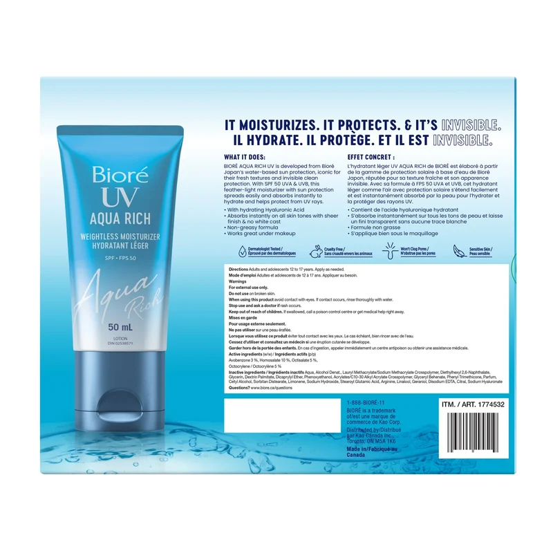 BIORÉ - Paquet de 4 Hydratants Légers avec SPF 50 Aqua Rich UV