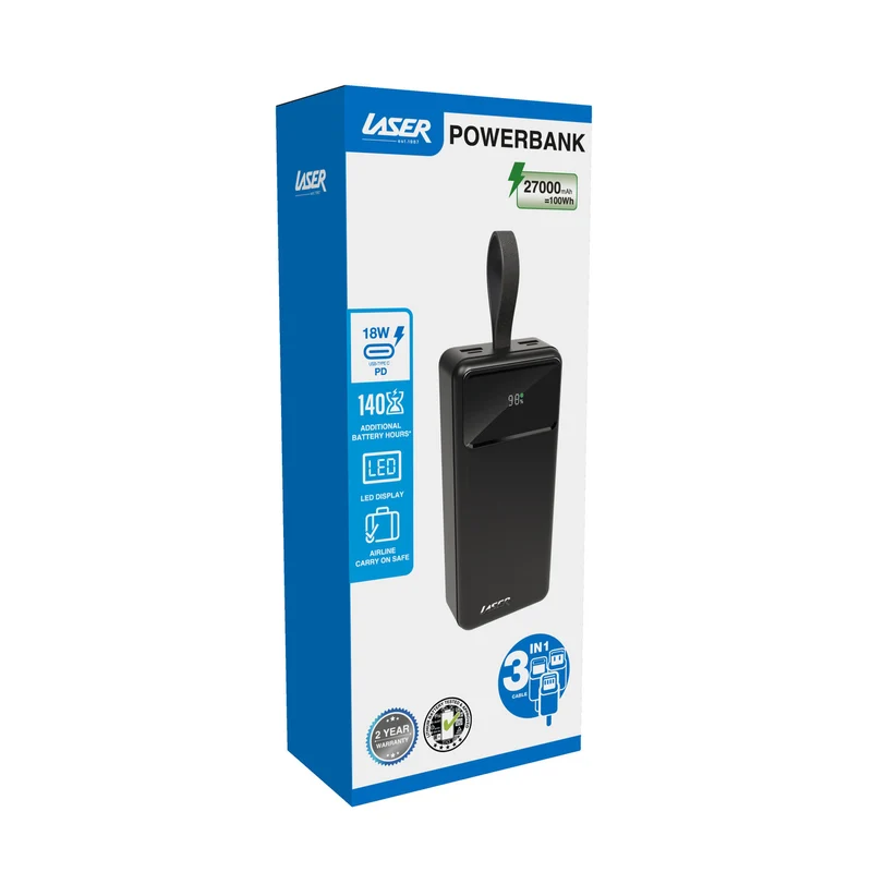 Laser 27000mAh Powerbank 18W PD LED Indicator Fast Charge (Black)