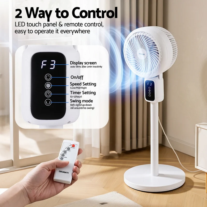 Devanti Pedestal Fan with Remote 3 Speed 12H Timer Height Adjustable Cooling Fan