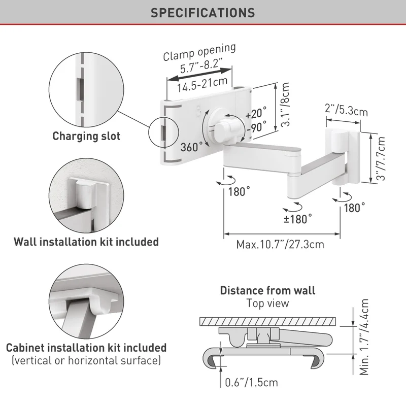 Barkan T54 7-12inch Tablet Mount for Wall and Cabinet Full Motion