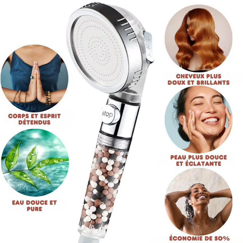 Pommeau de Douche Écologique Haute Pression 3 Jets Relaxants - Recharge Billes OFFERTE