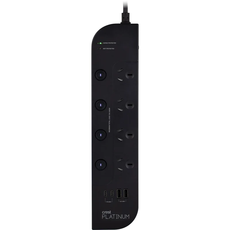 Crest Platinum 4 Socket Switched Power Board USB PD 65W Equipment Protector