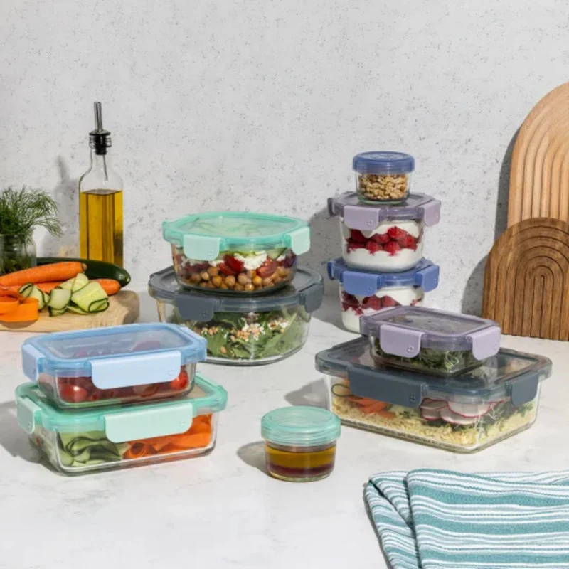 ELLO - Ensemble de 10 Contenants en Verre Color Lock