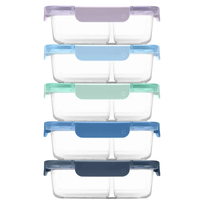 ELLO - Ensemble de 5 Contenants pour Aliments en Verre à 2 Compartiments Color Lock