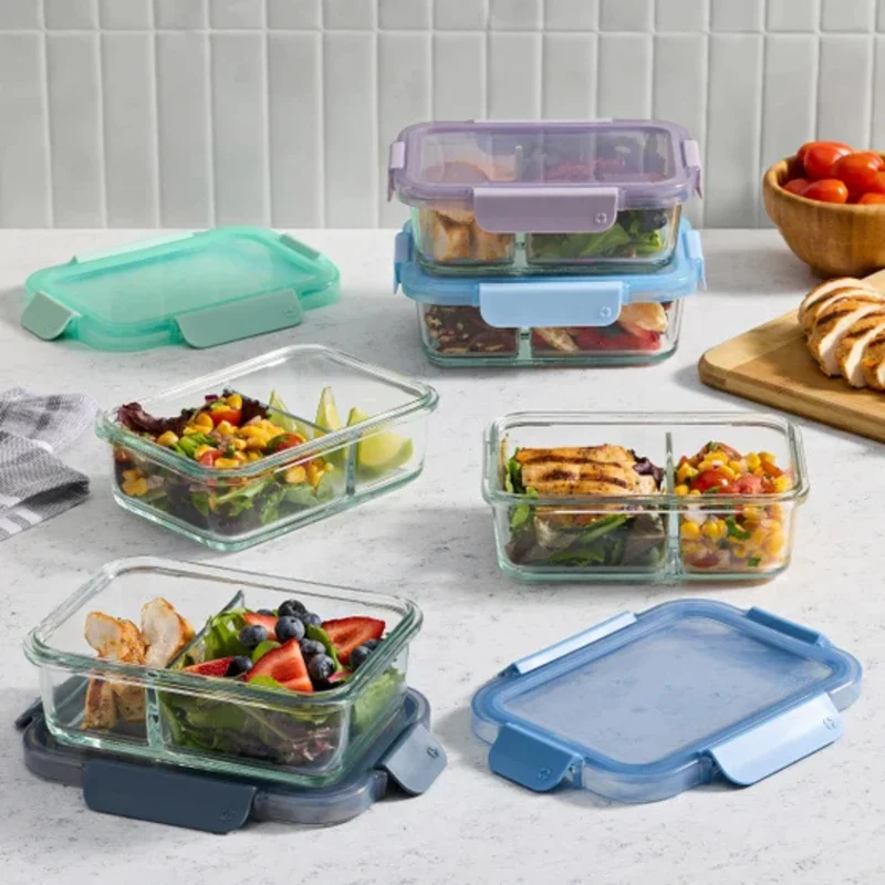 ELLO - Ensemble de 5 Contenants pour Aliments en Verre à 2 Compartiments Color Lock
