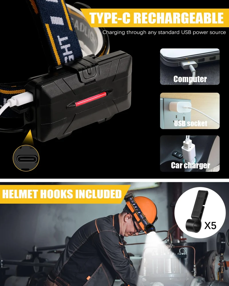 Ochter 18000 Lumen Torcia Frontale Ricaricabile - Potente, Impermeabile & USB