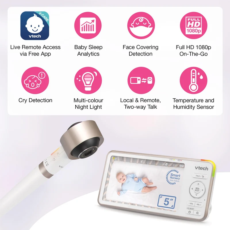 VTech V-Care 2 5” Smart Non-Contact Well-Being Baby Monitor with Remote Access
