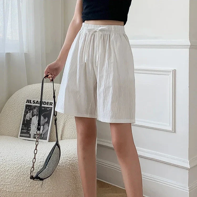 Short en Coton Ample à Taille Élastique avec Cordon