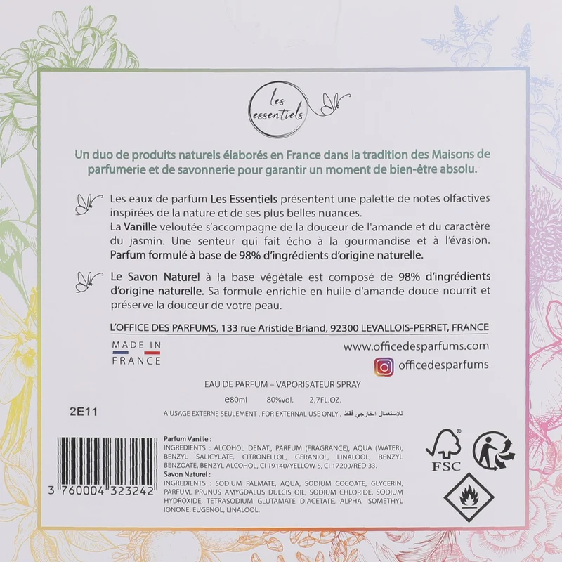 EDP VANILLE 80ML+SAVON 99,9%NATUREL AMANDE DOUCE 100GR COFFRET 2 PCS