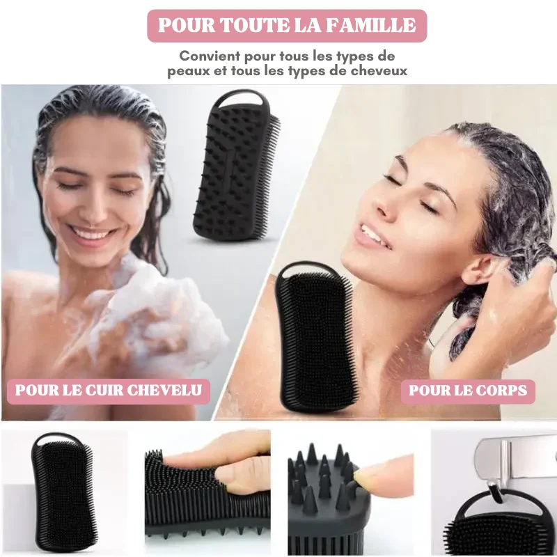 Brosse de douche exfoliante en silicone 2 en 1 Corps & Cheveux
