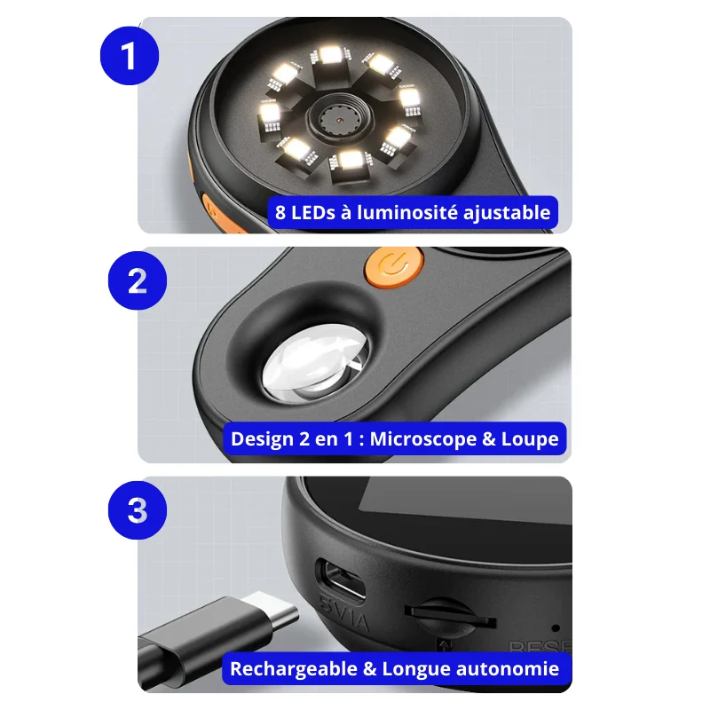 Microscope Loupe Numérique Portable 500X avec 8 LEDs Écran IPS 2 pouces