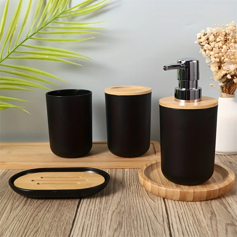 Set di Accessori per Bagno con Coperchio in Bambù – Set da 4 Pezzi per Decorare il Bagno