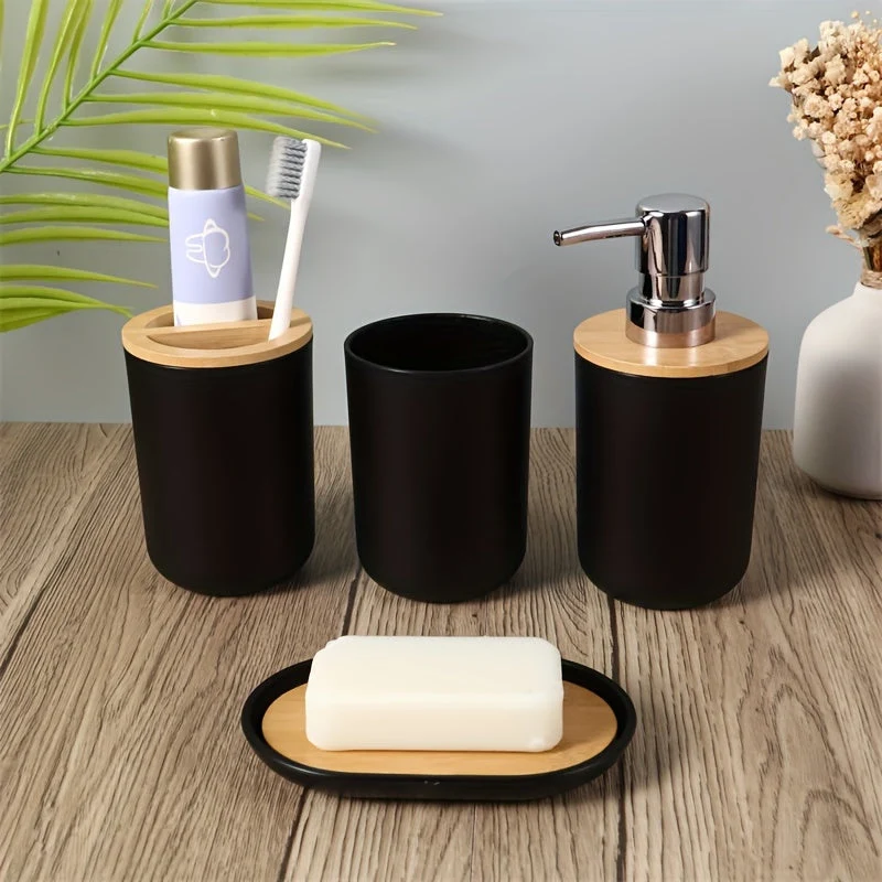 Set di Accessori per Bagno con Coperchio in Bambù – Set da 4 Pezzi per Decorare il Bagno