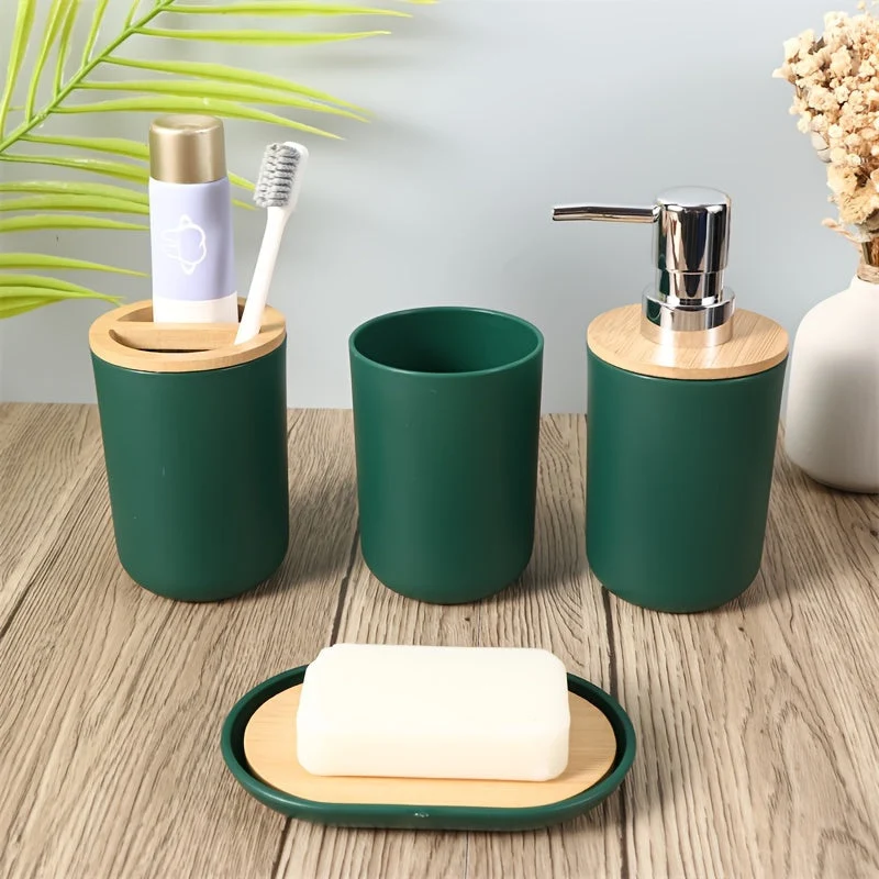 Set di Accessori per Bagno con Coperchio in Bambù – Set da 4 Pezzi per Decorare il Bagno