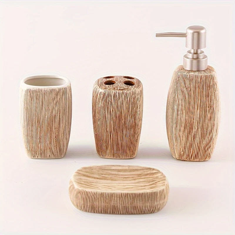Set da Bagno in Ceramica Stile Legno – Accessori Lusso per un Tocco Naturale nel Tuo Bagno