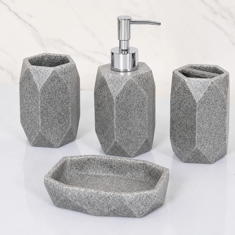 Set da Bagno in Resina Grigia – Set di Lusso di 4 Pezzi per un Bagno Elegante