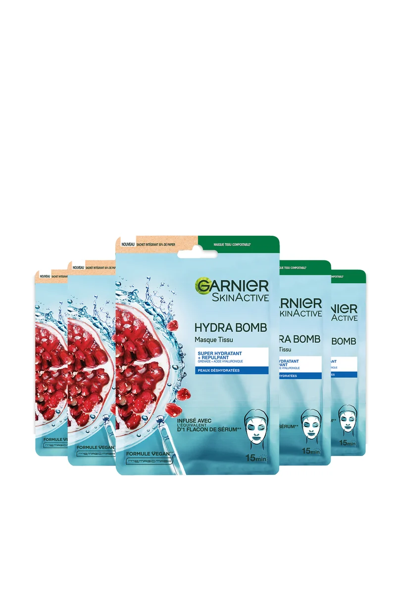 Masques tissu - Grenade & acide hyaluronique - Peau déshydratée - x 5