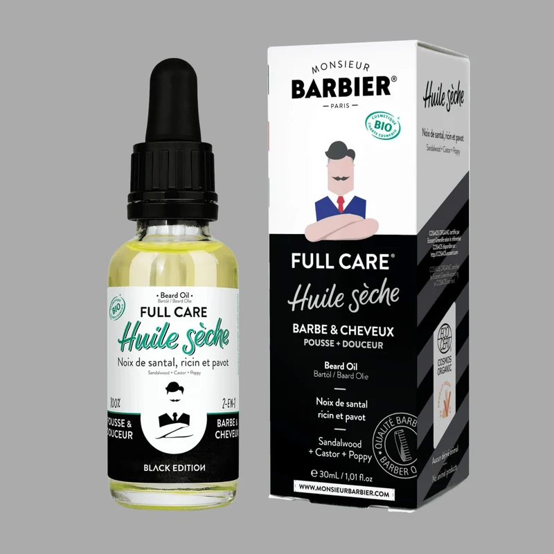 Huile sèche certifiée BIO Barbe & Cheveux - FULL CARE BLACK EDITION - 30mL