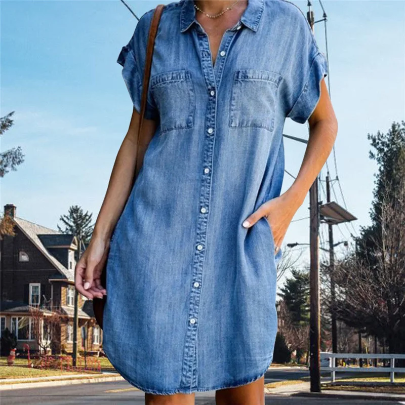 Robe Tunique Chemise en Jean manches courte et poches