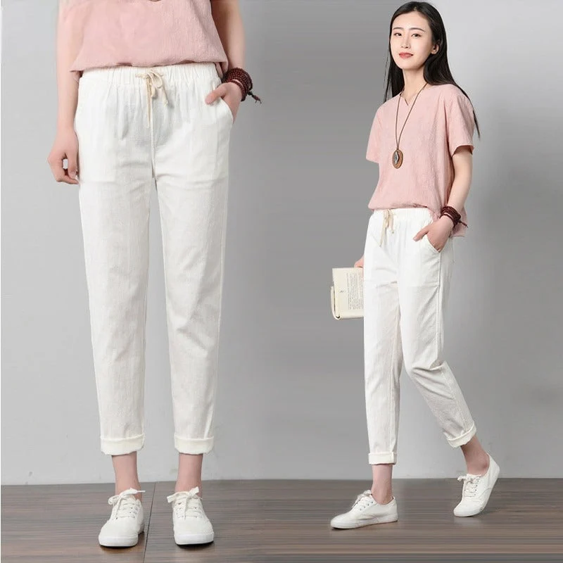 PANTALON EN COTON ET LIN POUR FEMME - TAILLE ÉLASTIQUE