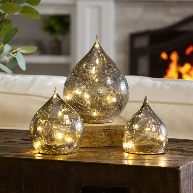 EVERGREEN - Ensemble de 3 Gouttes de Pluie en Verre à DEL