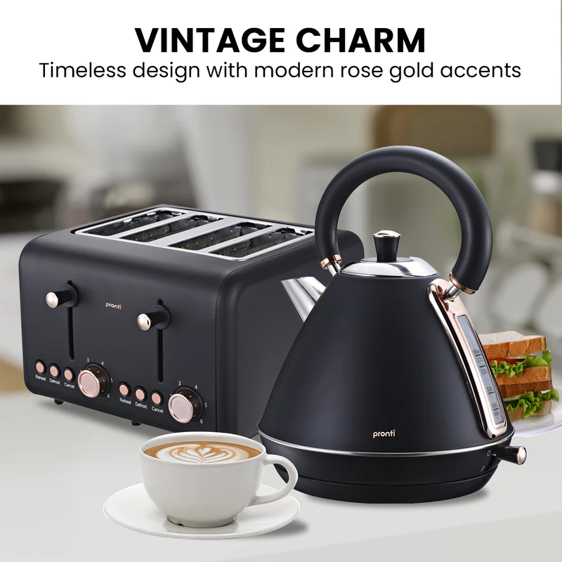 Pronti Rose Trim Collection Toaster & 1.7L Kettle Stainless Steel Bundle (Black)