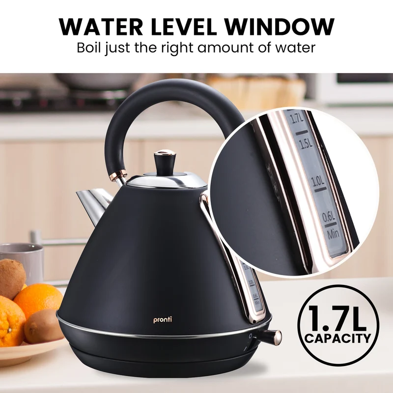 Pronti Rose Trim Collection Toaster & 1.7L Kettle Stainless Steel Bundle (Black)