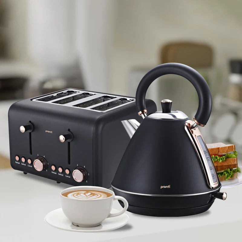 Pronti 4 Slice Stainless Steel Toaster Rose Trim Collection (Black)