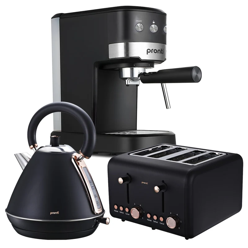 Pronti Breakfast Set with Rose Gold Kettle & Toaster with 1.2L Espresso Machine (Black)