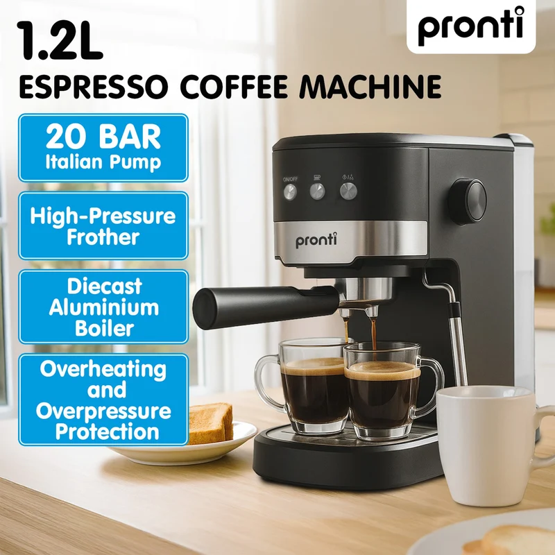 Pronti Breakfast Set with Rose Gold Kettle & Toaster with 1.2L Espresso Machine (Black)