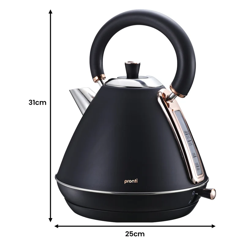 Pronti Breakfast Set with Rose Gold Kettle & Toaster with 1.2L Espresso Machine (Black)