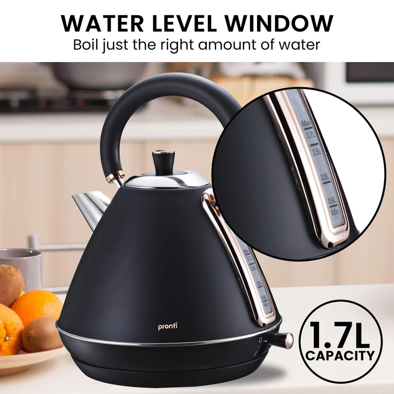 Pronti Breakfast Set with Rose Gold Kettle & Toaster with 1.2L Espresso Machine (Black)