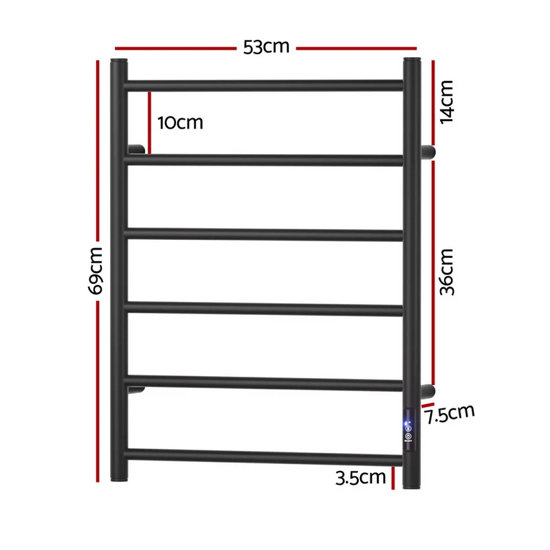 Devanti Heated Towel Rail 6 Round Bars with Timer Electric Heater Warmer Rack