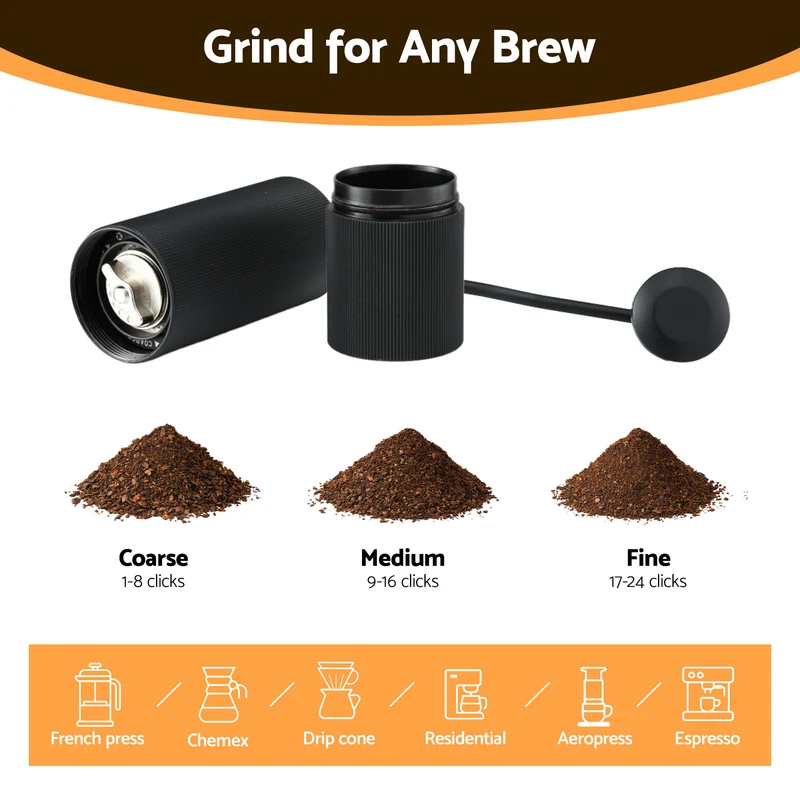 Devanti Manual Coffee Grinder with 24 Precise Settings Portable Hand Bean Burr Mill Black with Brush