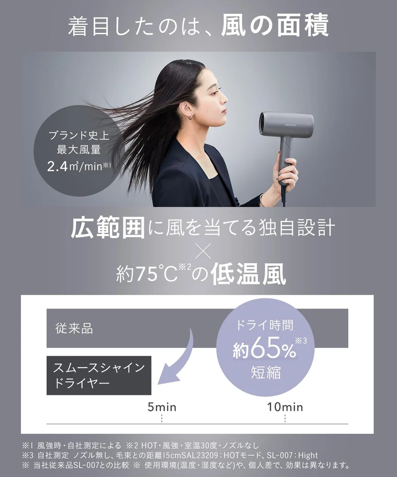 Salonia Smooth Shine Hair Dryer High Airflow Quick Dry Lightweight ※100V