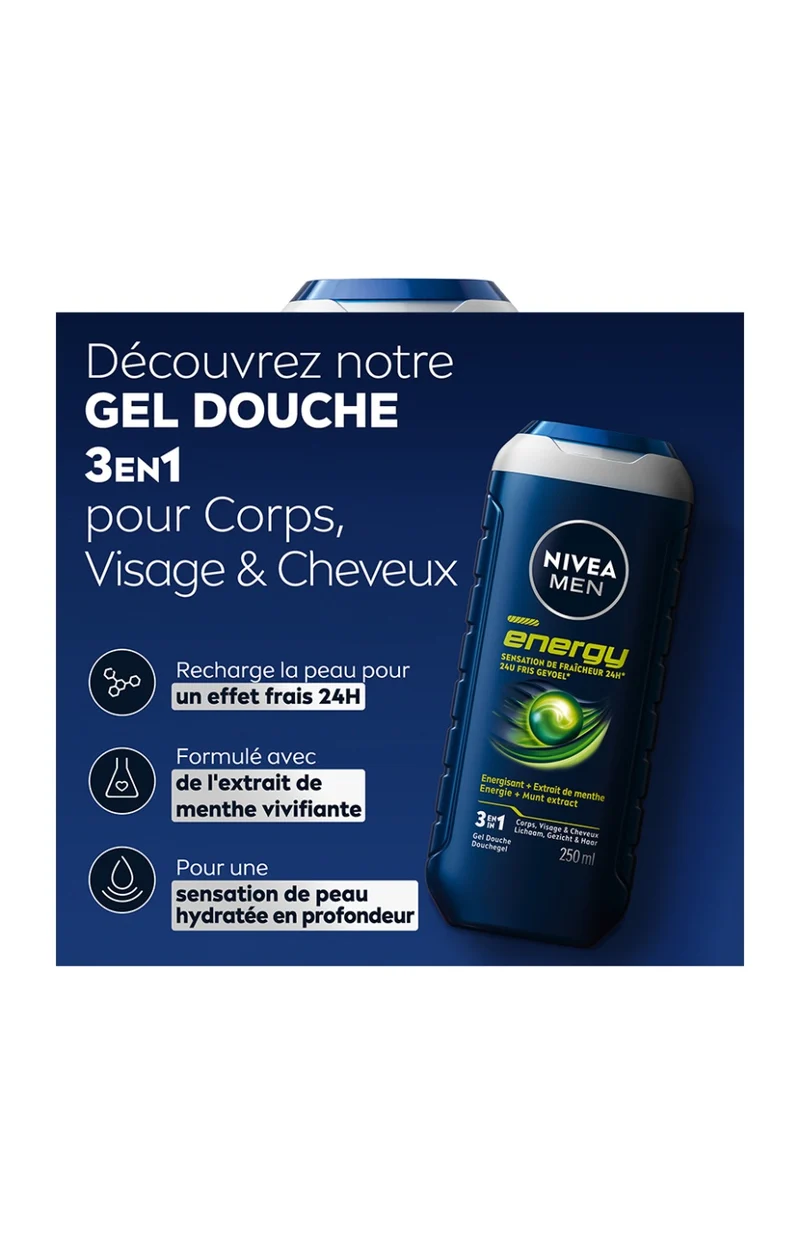 Gel douche 3-en-1 à la menthe - Visage, corps & cheveux - Homme - 250 ml