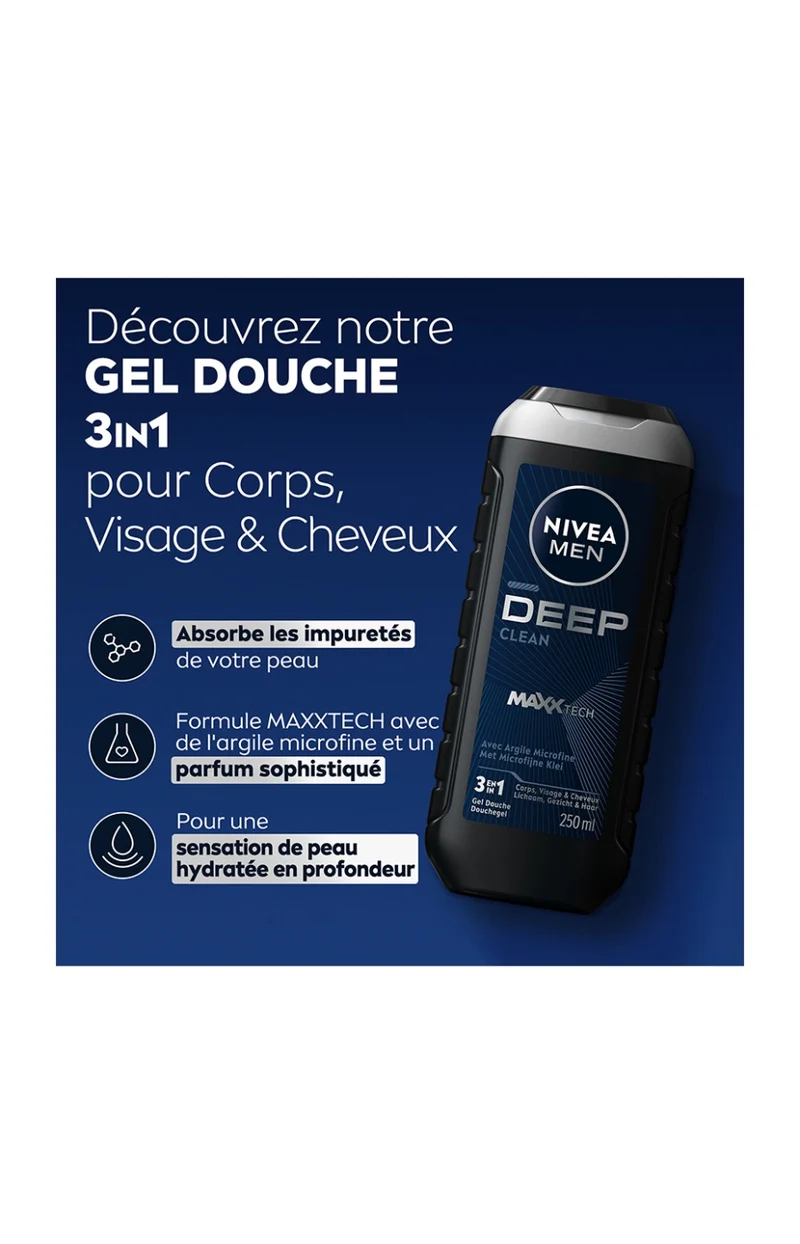 Gels douche 3-en-1 à la poudre d'argile - Visage, corps & cheveux - Homme - 3 x 250 ml