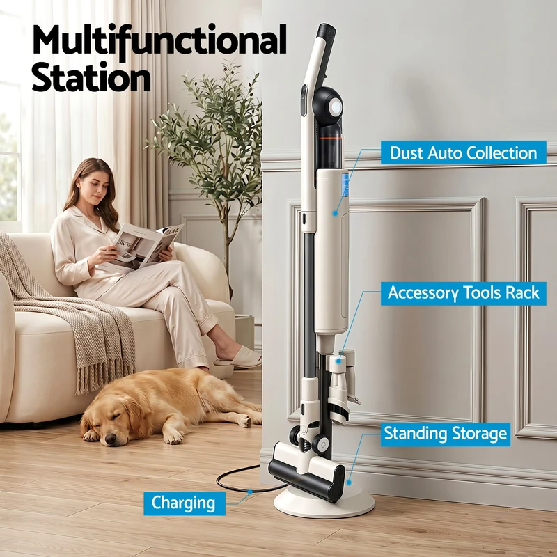Devanti Cordless Vacuum Cleaner with Auto-Empty Dust Station 18kPa Suction (Oat)