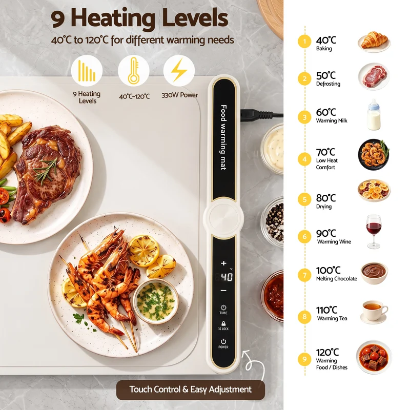 Devanti Food Warming Mat 60 x 38cm Electric Food Warmer With Timer (White)