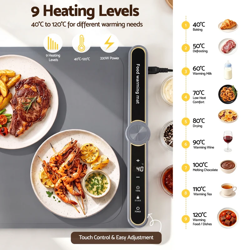 Devanti Food Warming Mat 80cm Electric Food Warmer Roll Up Buffet Tray (Grey)